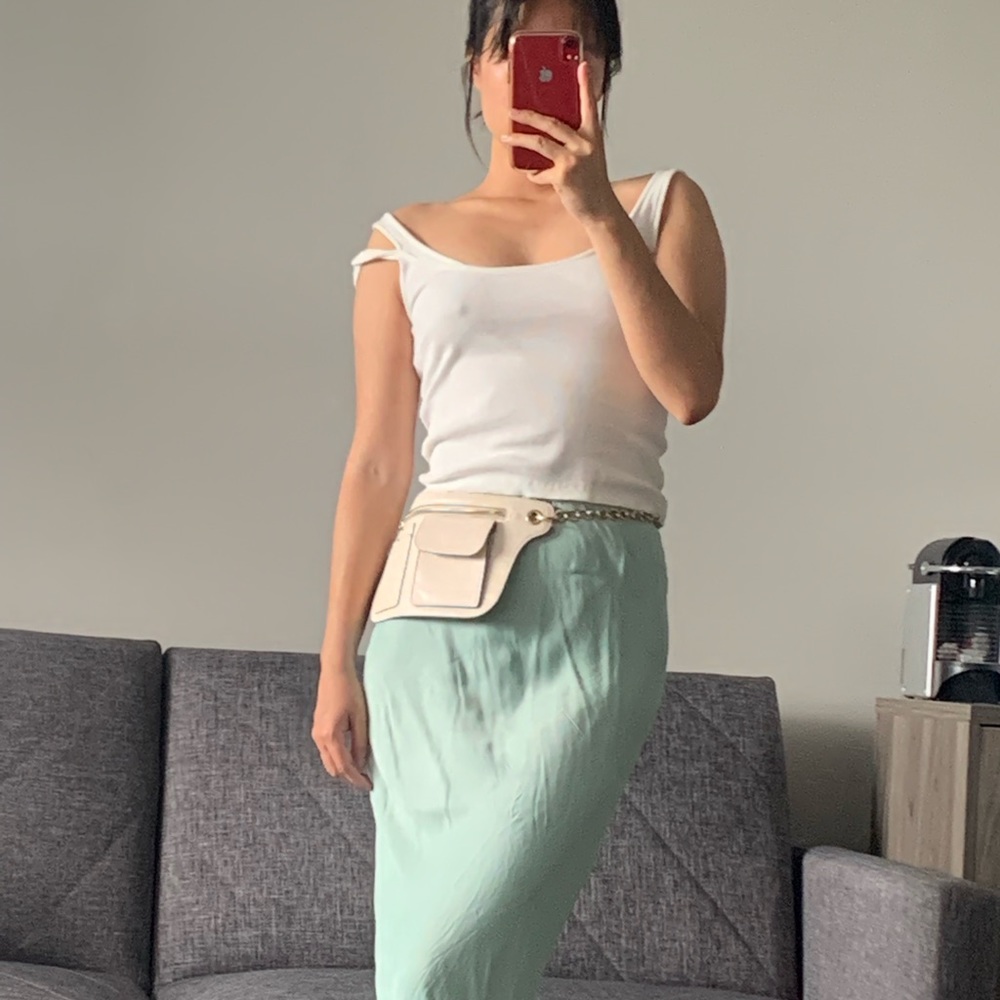 Cream alligator skin waist bag with gold chain